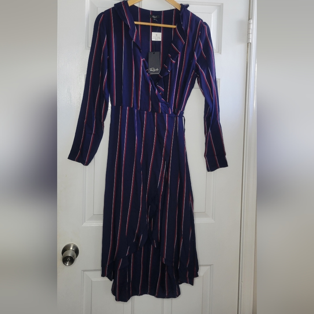Rails Priya Navy and Red Striped Long Sleeve Wrap Dress - Medium